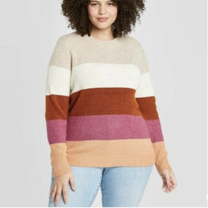 AVA + VIV Neutral 1X Striped Colorblock Sweater Crewneck Long Sleeve Knit